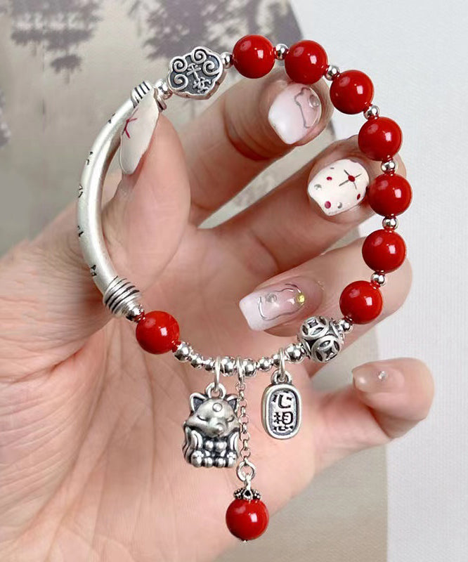 Vintage Mulberry Sterling Silver Cinnabar Tassel Charm Bracelet