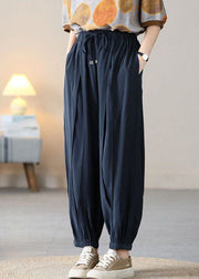 Vintage Navy Elastic Waist Drawstring Pockets Silk Harem Pants Fall