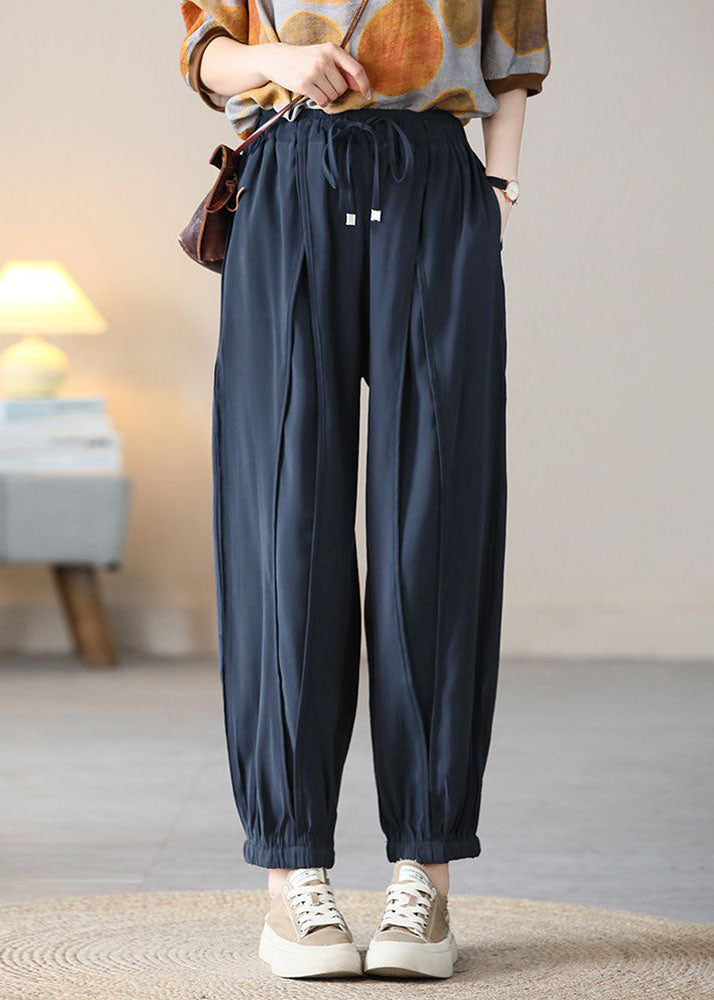 Vintage Navy Elastic Waist Drawstring Pockets Silk Harem Pants Fall