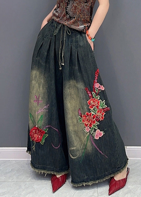 Vintage Navy Embroideried Tie Waist Elastic Waist Pockets Wide Leg Pants Summer