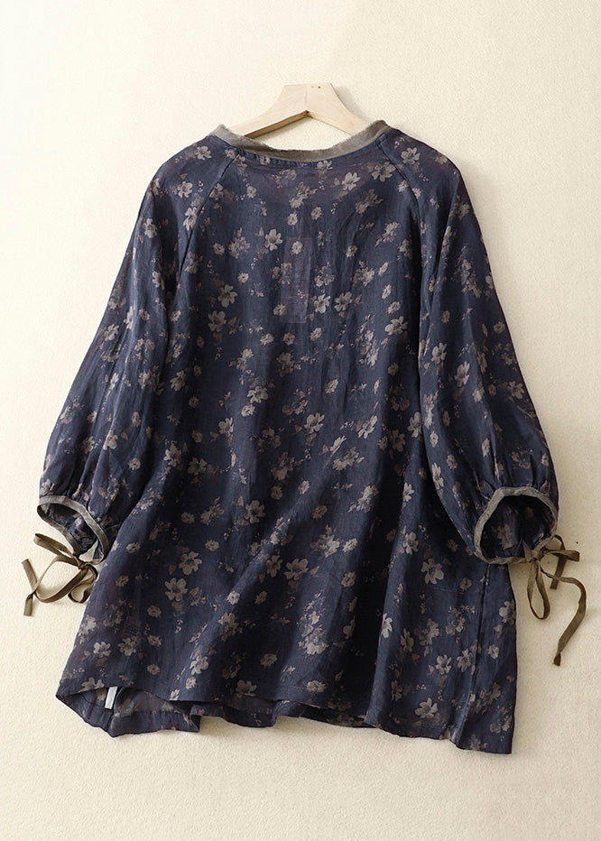 Vintage Navy O Neck Lace Up Print Linen Tops Bracelet Sleeve