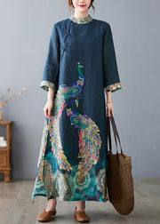 Vintage Navy Peacock Print Side Open Linen Long Dress Bracelet Sleeve