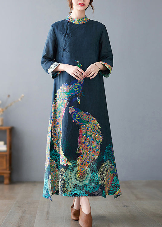 Vintage Navy Peacock Print Side Open Linen Long Dress Bracelet Sleeve