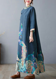 Vintage Navy Peacock Print Side Open Linen Long Dress Bracelet Sleeve