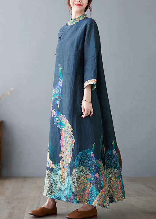 Vintage Navy Peacock Print Side Open Linen Long Dress Bracelet Sleeve