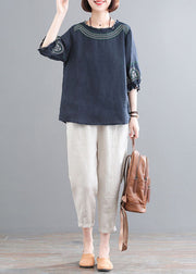 Vintage Navy Ruffled Embroidered Linen Tops And Crop Pants Two Piece Set Women Clothing Half Sleeve