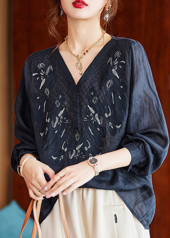 Vintage Navy V Neck Embroideried Linen Top Spring