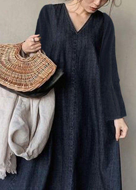 Vintage Navy V Neck Patchwork Loose Waist Cotton Dress Spring