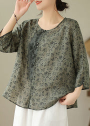 Vintage O-Neck Print Button Linen Shirt Long Sleeve