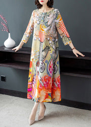 Vintage O-Neck Print Silk Vacation Long Dresses Long Sleeve