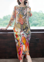 Vintage O-Neck Print Silk Vacation Long Dresses Long Sleeve