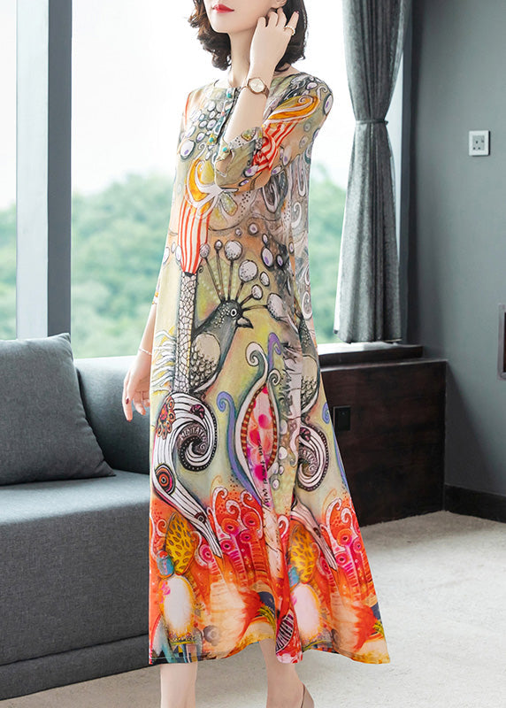 Vintage O-Neck Print Silk Vacation Long Dresses Long Sleeve