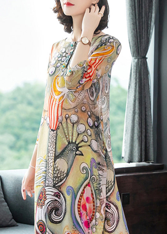 Vintage O-Neck Print Silk Vacation Long Dresses Long Sleeve