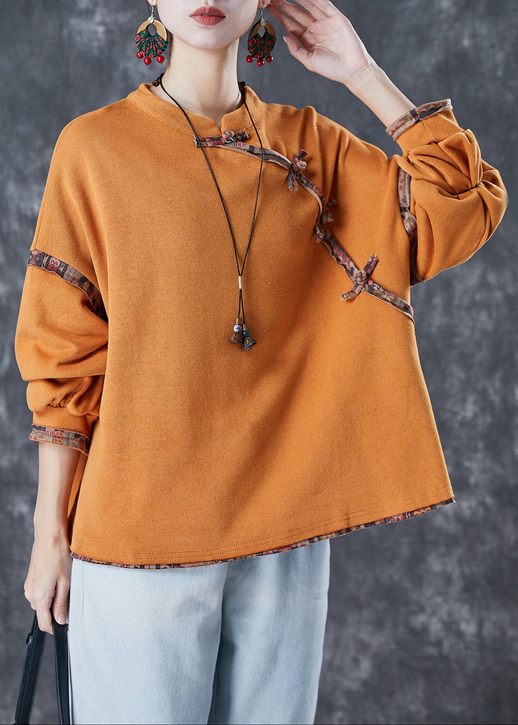 Vintage Orange Chinese Button Patchwork Cotton Shirt Tops Spring