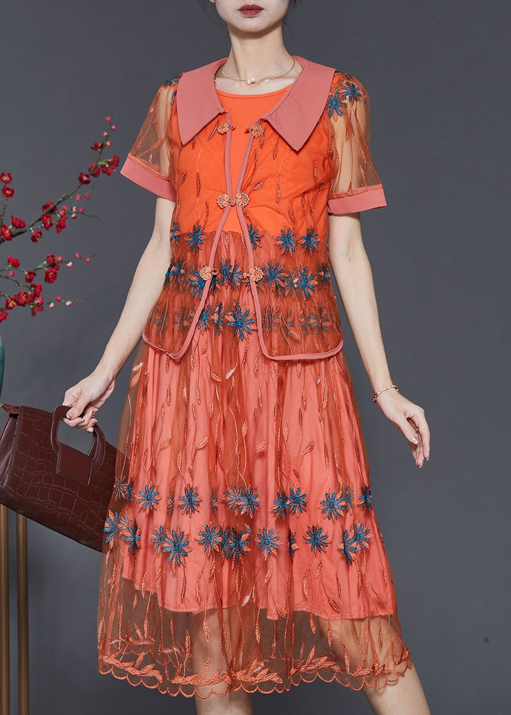 Vintage Orange Embroidered Patchwork Tulle Dresses Two Piece Set Summer