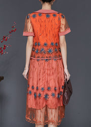 Vintage Orange Embroidered Patchwork Tulle Dresses Two Piece Set Summer