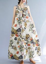 Vintage Orange Floral Leaves Print O-Neck Short Sleeve Bohemia Pleated Maxi Dress