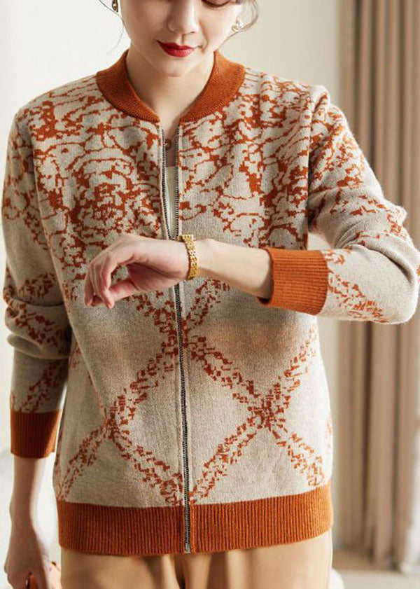 Vintage Orange O-Neck Embroideried Warm Woolen Coat Long Sleeve