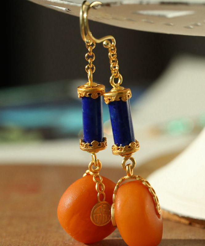 Vintage Orange Sterling Silver Overgild Amber Honey Wax Drop Earrings