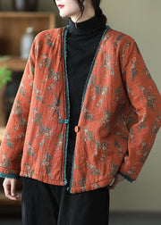 Vintage Orange V Neck Print Fine Cotton Filled Cardigan Winter