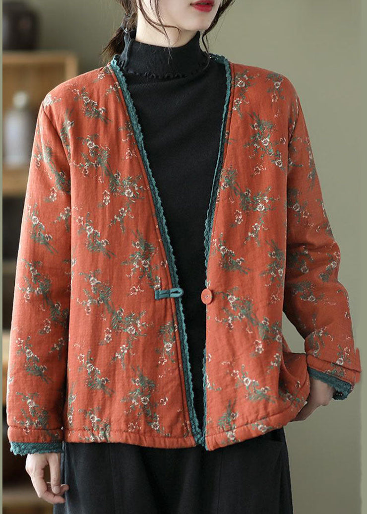 Vintage Orange V Neck Print Fine Cotton Filled Cardigan Winter