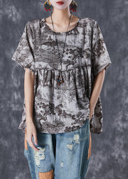 Vintage Oversized Inkwash Painting Print Linen Shirt Tops Summer