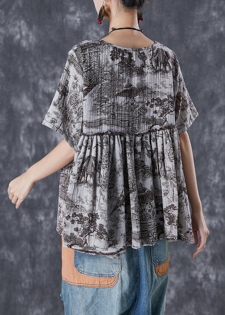 Vintage Oversized Inkwash Painting Print Linen Shirt Tops Summer