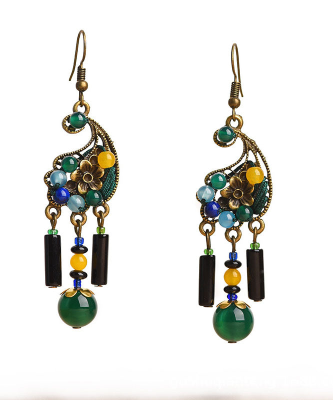 Vintage Peacock Green Agate Metal Drop Earrings