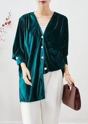 Vintage Peacock Green V Neck Silk Velour Blouses Fall