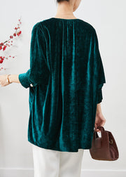 Vintage Peacock Green V Neck Silk Velour Blouses Fall