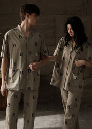 Vintage Peter Pan Collar Graphic Print Button Cotton Couple Pajamas Two Pieces Set Summer