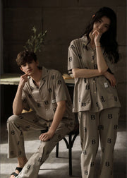 Vintage Peter Pan Collar Graphic Print Button Cotton Couple Pajamas Two Pieces Set Summer