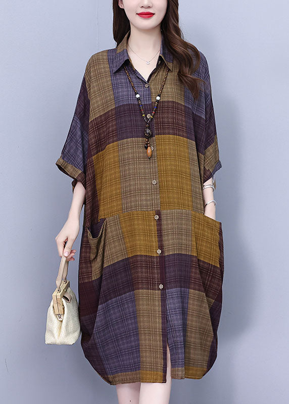 Vintage Peter Pan Collar Plaid Long Shirt Dress Summer