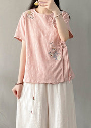 Vintage Pink Embroideried Chinese Button Patchwork Linen Top Summer