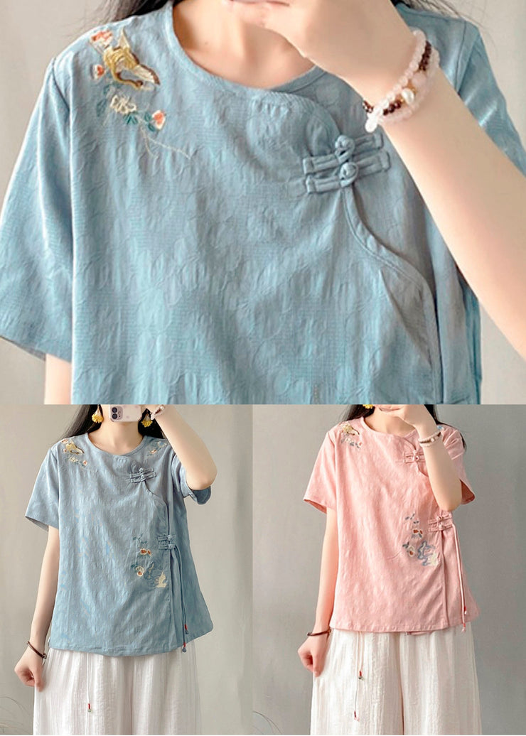 Vintage Pink Embroideried Chinese Button Patchwork Linen Top Summer