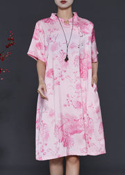 Vintage Pink Mandarin Collar Print Silk Dresses Summer