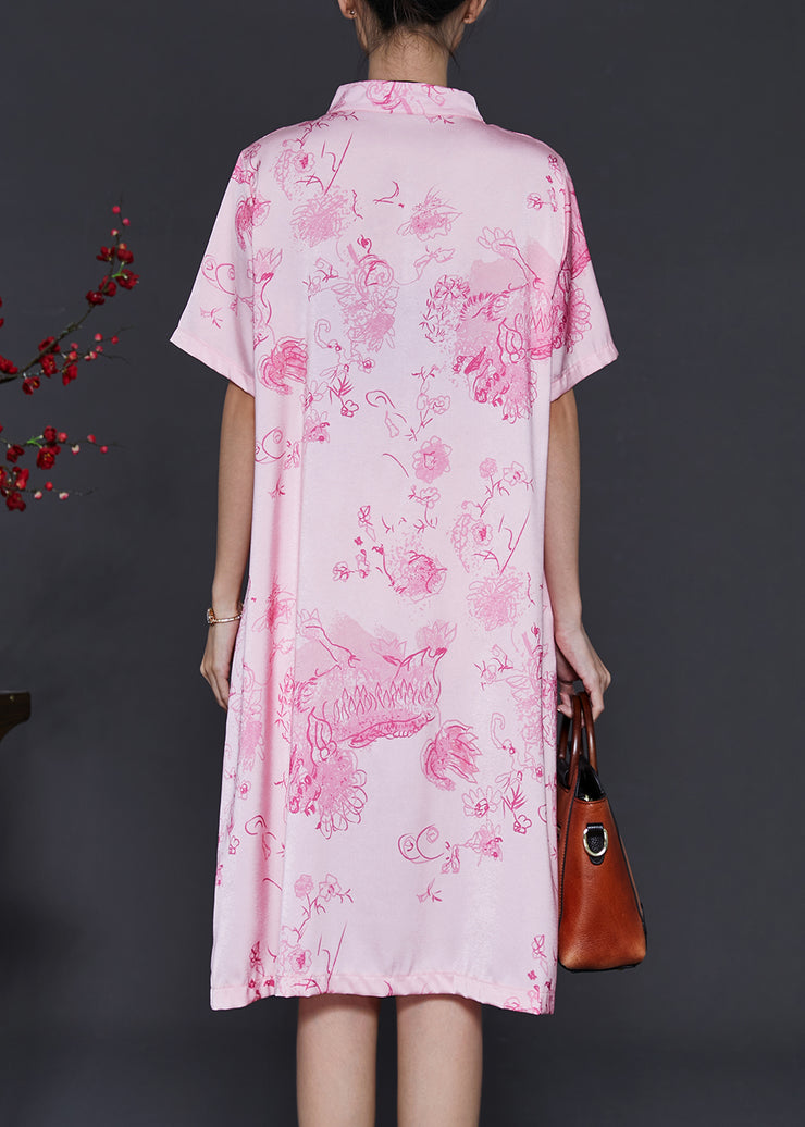 Vintage Pink Mandarin Collar Print Silk Dresses Summer