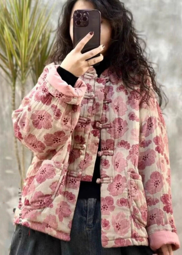 Vintage Pink Oversized Print Fine Cotton Filled Parkaer Winter