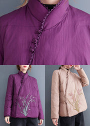 Vintage Pink Stand Collar Embroideried Fine Cotton Filled Jackets Winter