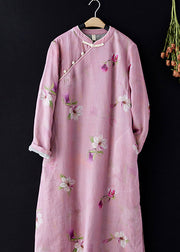 Vintage Pink Stand Collar Print Side Open Warm Fleece Dress Spring