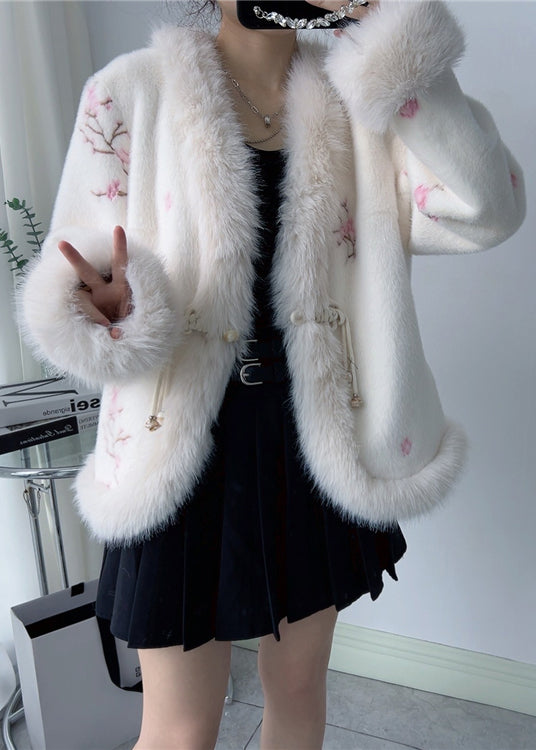 Vintage Pink V Neck Embroidered Fox Fur Mink Cashmere Coat Winter