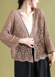 Vintage Chocolate V Neck Hollow Out Knitting Cotton Cardigans Summer