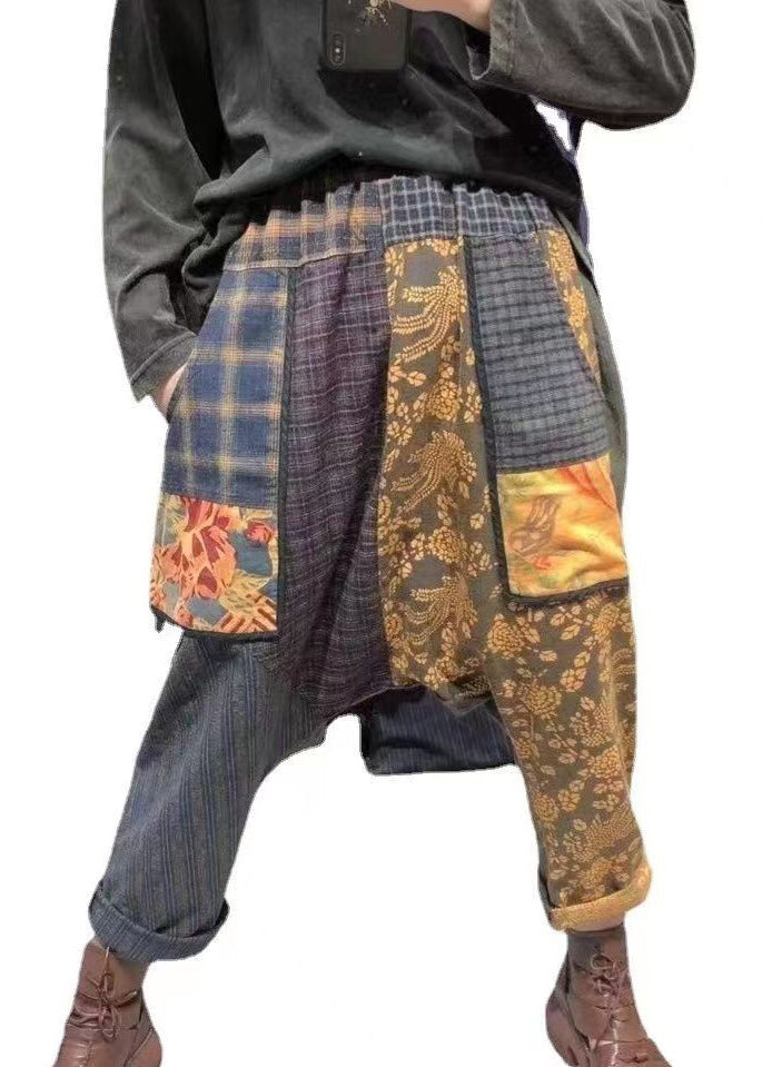 Vintage Plaid Pockets Elastic Waist Patchwork Cotton Harem Pants Fall