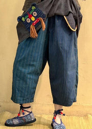 Vintage Pockets Striped Tassel Elastic Waist Linen Crop Pants Fall