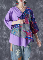 Vintage Purple Asymmetrical Print Linen Shirt Tops Summer