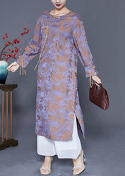 Vintage Purple Chinese Button Tassel Jacquard Silk Long Dresses Spring