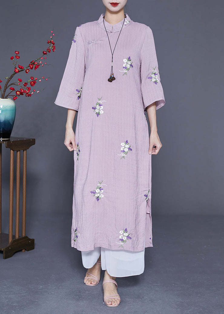 Vintage Purple Embroideried Chinese Button Linen Long Dresses Bracelet Sleeve