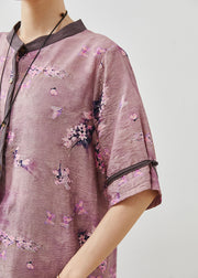 Vintage Purple Floral Linen Long Shirt Summer