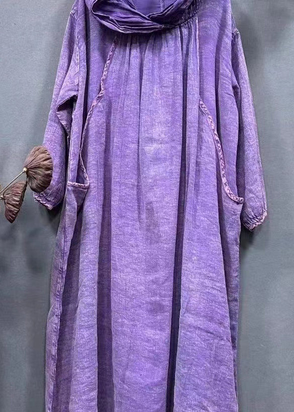 Vintage Purple Hooded Pockets Solid Linen Long Dress Spring