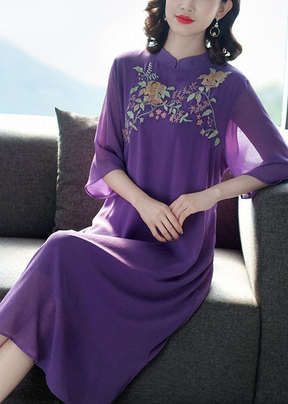 Vintage Purple Mandarin Collar Embroideried Silk Long Dress Summer